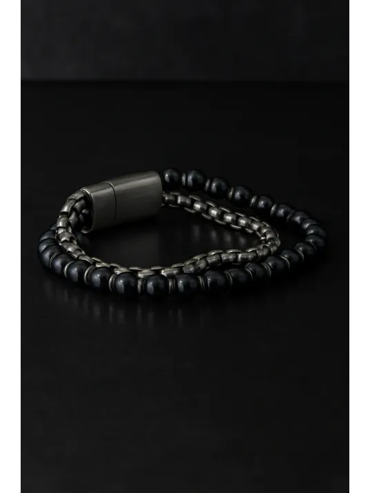 Erkek Çelik ve Oniks Taşlı Bileklik - Çift Sıra Kral Zincir Model