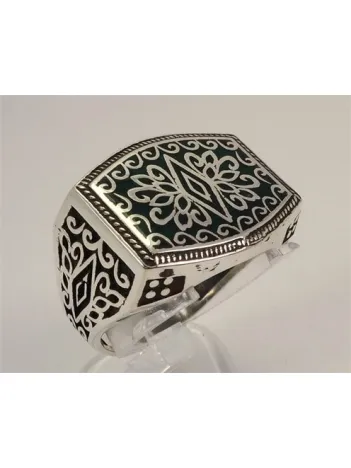 Otantik Selçuklu Motifli Yeşil Mineli Erkek Gümüş Yüzük