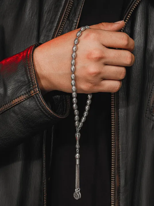 Erkek Tesbih - Şahika Oksitli 925 Ayar Gümüş Erkek Tespih Orta Boy 28gr