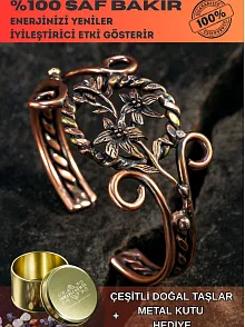 Nergiz Çiçeği Bakır Bileklik Pirinç Detaylı Erkek Kadın Kuvars Taşlı Metal Kutu