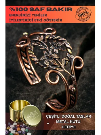 Nergiz Çiçeği Bakır Bileklik Pirinç Detaylı Erkek Kadın Kuvars Taşlı Metal Kutu