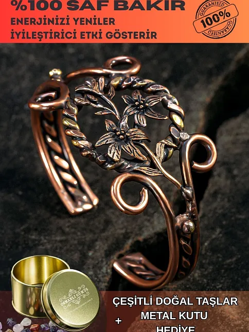 Nergiz Çiçeği Bakır Bileklik Pirinç Detaylı Erkek Kadın Kuvars Taşlı Metal Kutu