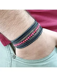 Kırmızı Faset Akik Doğal Taşlı Çoklu Deri Kordonlu Bileklik DBLIMT2D200-KRM