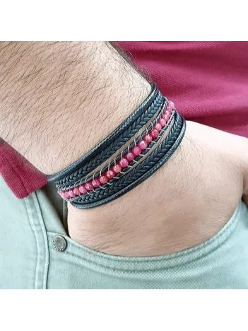 Kırmızı Faset Akik Doğal Taşlı Çoklu Deri Kordonlu Bileklik DBLIMT2D200-KRM