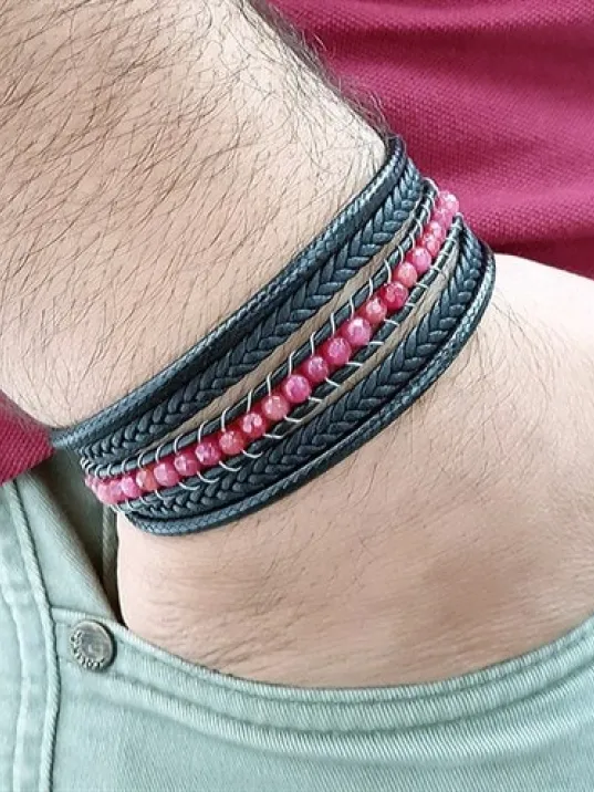 Kırmızı Faset Akik Doğal Taşlı Çoklu Deri Kordonlu Bileklik DBLIMT2D200-KRM