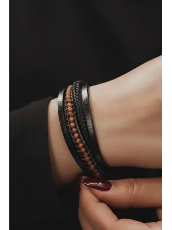 Kadın Deri Bileklik - Doğal Yıldız Taşı Çoklu Retro Paslanmaz Deri Örgü Kordon Kadın Bileklik