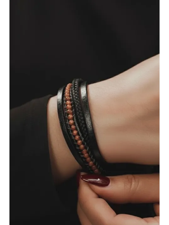Kadın Deri Bileklik - Doğal Yıldız Taşı Çoklu Retro Paslanmaz Deri Örgü Kordon Kadın Bileklik