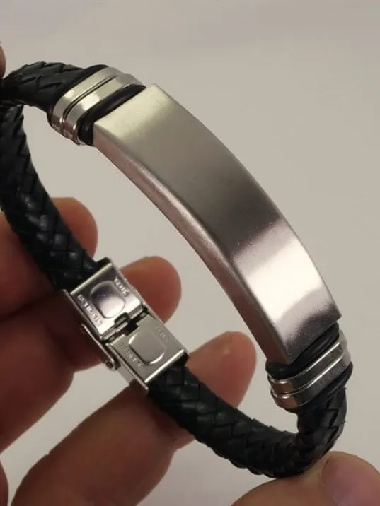 Yazı Yazılabilir Çelik Erkek Bileklik Künye Deri Kordonlu
