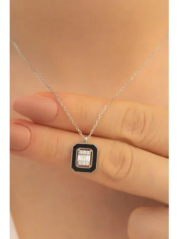 Kadın Gümüş Kolye - Kare Baget Taşlı Model 2 Kadın Gümüş Kolye Zincir Gklkrbgtm2d-ros
