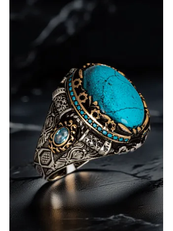 Erkek Oval Firuze Turkuaz Taşı Yanı Mavi Zirkon Taşı Şık Tasarım 925 Ayar Gümüş Yüzük