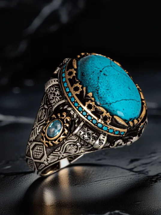 Erkek Oval Firuze Turkuaz Taşı Yanı Mavi Zirkon Taşı Şık Tasarım 925 Ayar Gümüş Yüzük