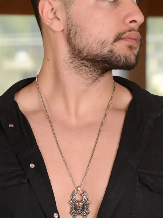 Ottoman Çelik Melek Kanatlı Kuru Kafa Model Erkek Kolye CKL120OKUCU-GMS