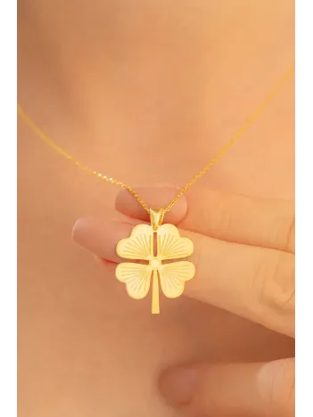 Kadın Gümüş Kolye - Altın Kaplama 4 Yapraklı Yonca Motifli Gümüş Kolye