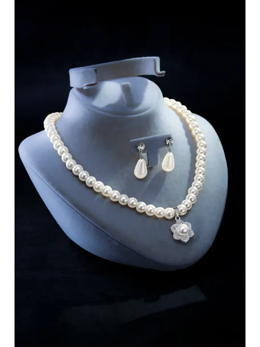 Kadın İnci Kolye Küpe Set - Margaret Model Çiçek Motifli Kadın İnci Set