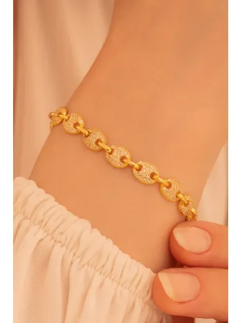 Kadın Gümüş Bileklik - Zirkon Taşlı Altın Kaplama Gemici Model Kadın Bileklik