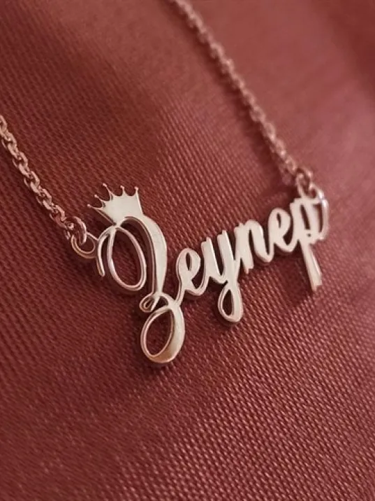 Kral Taç Yazılı Imza Rose Renk Bayan Gümüş Kolye Zincir Gklrosısımt