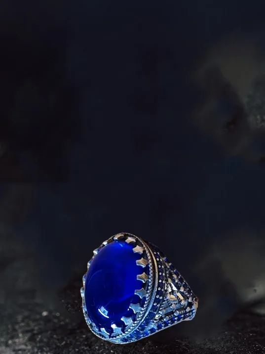 Erkek Gümüş Yüzük - Mavi Taşlı Kraliyet Model Yanları Halat Desen Erkek Yüzük