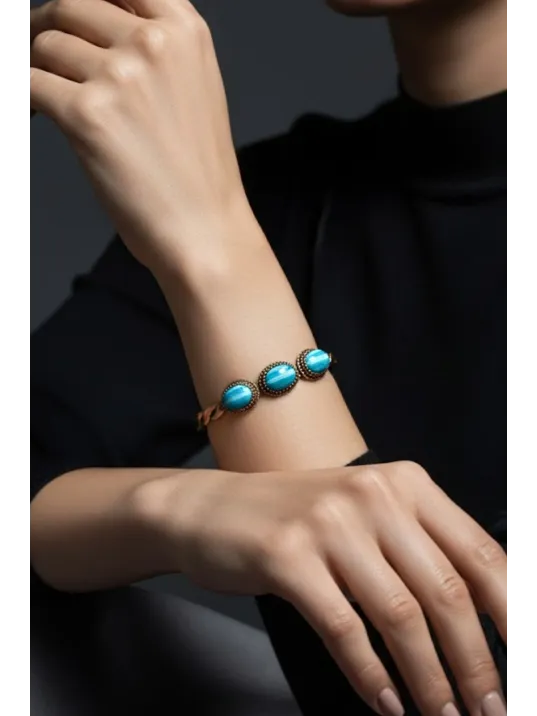 Kadın Bakır Bileklik - Örgü Model 3lü Mavi Akik Taşlı Bakır Bilezik