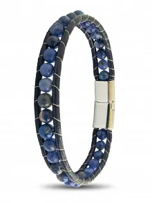 Erkek Doğaltaş Bileklik - 6Mm Doğal Lapis Taşı Deri Kordon Ve Çelik Bileklik