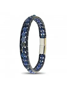 Erkek Doğaltaş Bileklik - 6Mm Doğal Lapis Taşı Deri Kordon Ve Çelik Bileklik