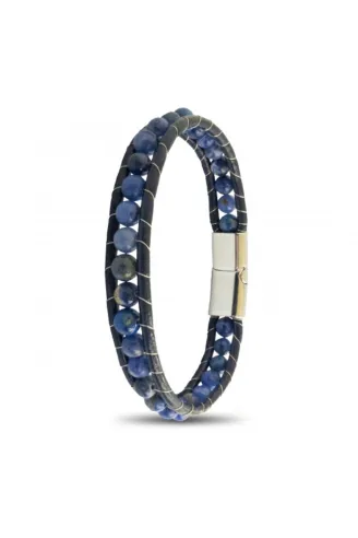Erkek Doğaltaş Bileklik - 6Mm Doğal Lapis Taşı Deri Kordon Ve Çelik Bileklik