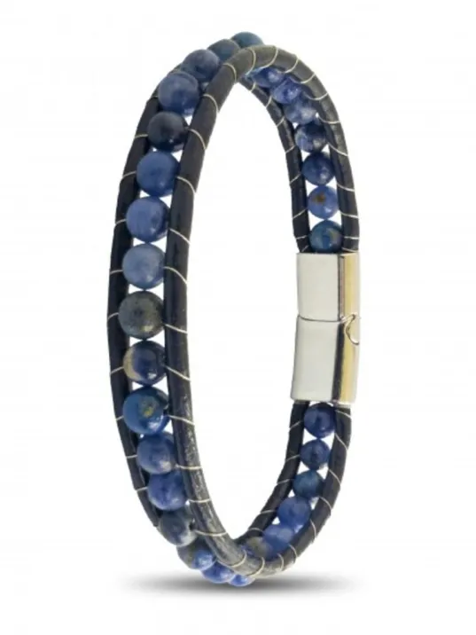 Erkek Doğaltaş Bileklik - 6Mm Doğal Lapis Taşı Deri Kordon Ve Çelik Bileklik