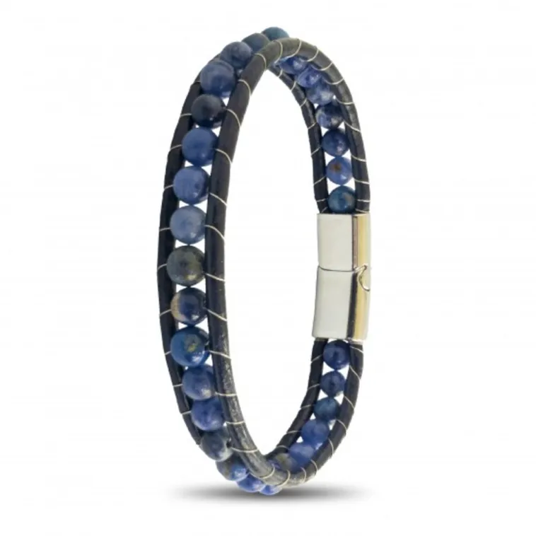 Erkek Doğaltaş Bileklik - 6Mm Doğal Lapis Taşı Deri Kordon Ve Çelik Bileklik Erkek Doğaltaş Bileklik - 6Mm Doğal Lapis Taşı Deri Kordon Ve Çelik Bileklik