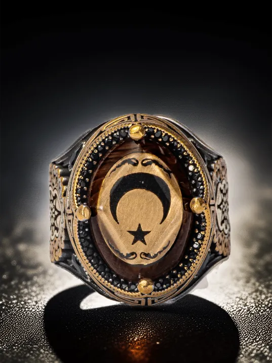 Erkek Sıkma Kehribar Taşlı Ay Yıldız İşlemeli  Gümüş Yüzük