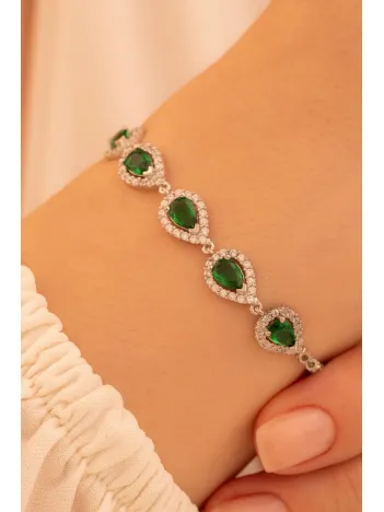 Kadın Gümüş Bileklik - Sera Zümrüt Damla Taşlı 925 Ayar Kadın Bileklik