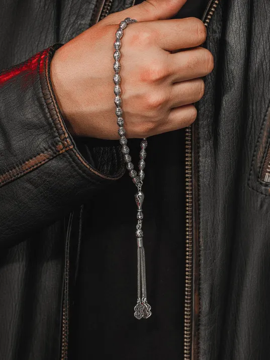 Erkek Tesbih - Fevazu Oksitli 925 Ayar Gümüş Erkek Tespih Orta Boy 24gr