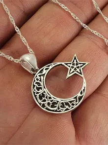 Otantik Ay Yıldız Bayan Gümüş Kolye Orta Boy
