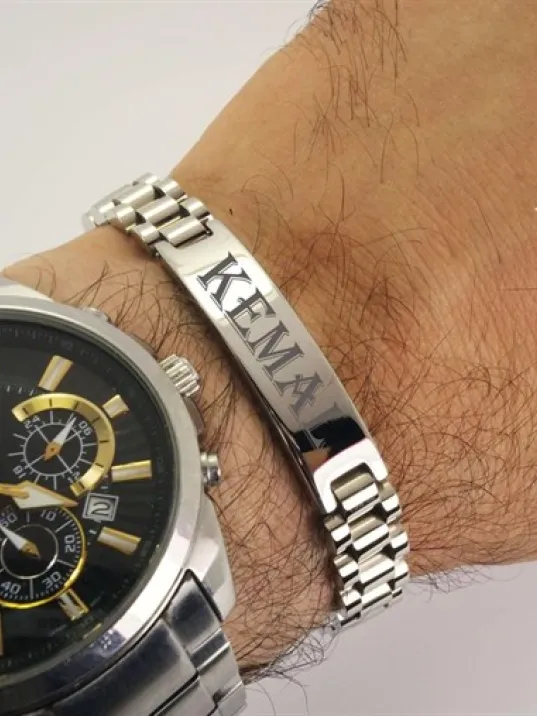 İsim Yazılan Erkek Çelik Bileklik Künye Orta Kalınlıkta