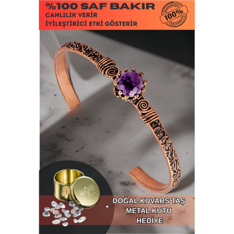 Kadın Bakır Bileklik - Ametist Taşlı Ağaç Kabuğu Model İnce Metal Kutu Kuvars Taşlı Bilezik