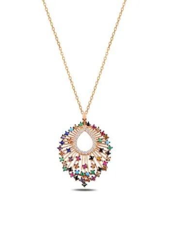 Zirkon Taşlı Rose Renk Damla Model Gözalıcı Kadın Gümüş Kolye GKLDMLMODEL-ROS