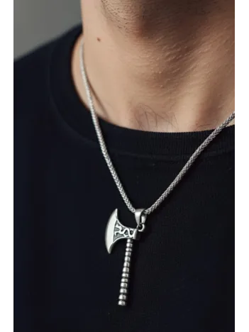 Erkek Gümüş Kolye - Viking Savaş Baltası Sivri Kenar Detaylı Erkek Kolye