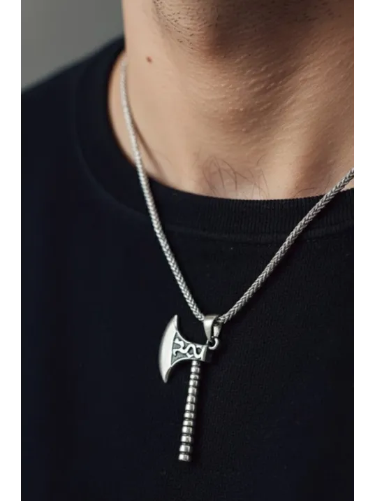 Erkek Gümüş Kolye - Viking Savaş Baltası Sivri Kenar Detaylı Erkek Kolye