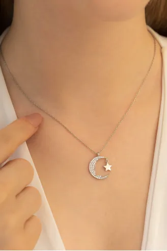 Kadın Gümüş Kolye - Ay Yıldız Zirkon Taşlı Bayan 925 Ayar Gümüş Kolye