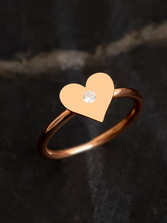 Kadın Gümüş Yüzük - El İşçiliği Rose Kaplama Kalp Motifli Zirkon Taşlı Kadın Yüzük