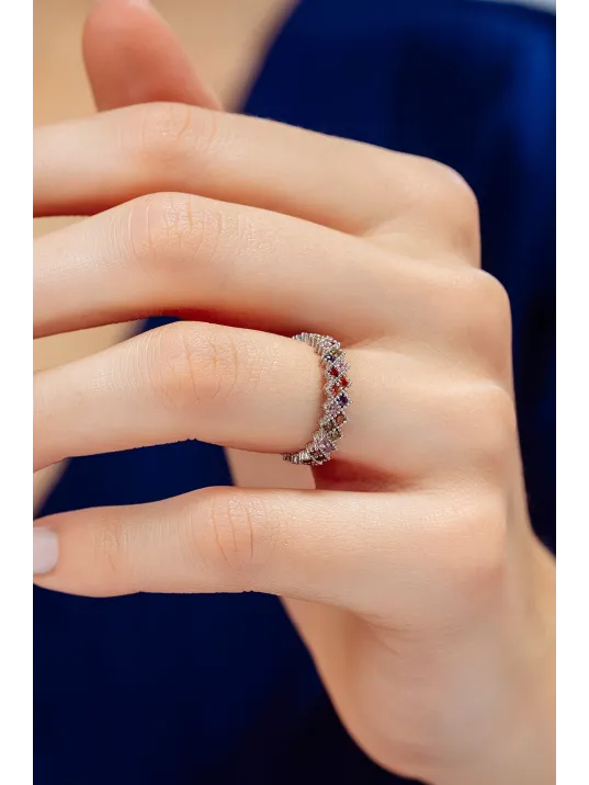 Kadın Gümüş Yüzük - Renkli Zirkon Taşlı Çift Sıra Tamtur Gümüş Yüzük