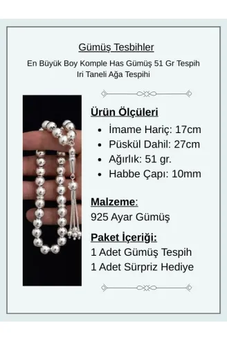 En Büyük Boy Komple Has Gümüş 51 Gr Tespih Iri Taneli Ağa Tespihi