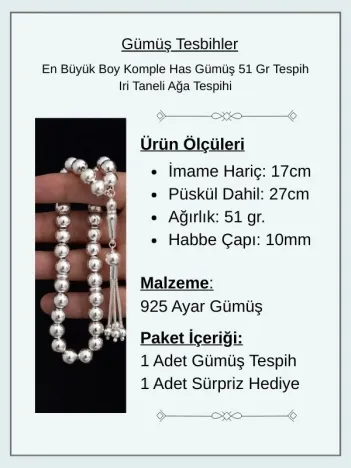 En Büyük Boy Komple Has Gümüş 51 Gr Tespih Iri Taneli Ağa Tespihi