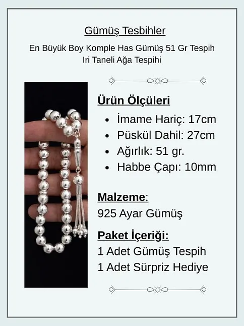 En Büyük Boy Komple Has Gümüş 51 Gr Tespih Iri Taneli Ağa Tespihi