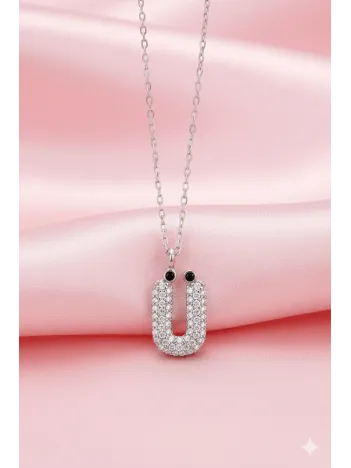 Kadın Gümüş Kolye - 925 Ayar Zirkon Taşlı Balon Ü Harfi Bayan Kolye
