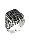 Kabala Siyah Zirkon Taşlı Yanı İşli Özel Seri Erkek Gümüş Yüzük