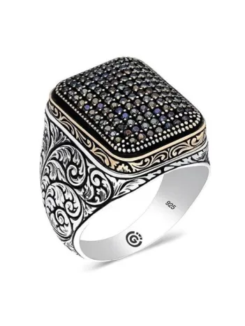 Kabala Siyah Zirkon Taşlı Yanı İşli Özel Seri Erkek Gümüş Yüzük