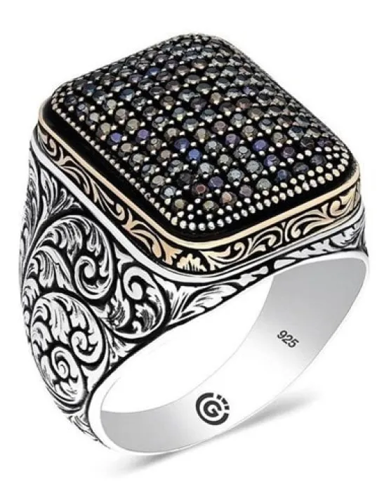 Kabala Siyah Zirkon Taşlı Yanı İşli Özel Seri Erkek Gümüş Yüzük