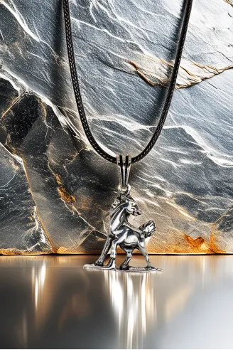 Erkek Gümüş Kolye Ucu - At Figürlü Oksitli Model Deri Kolyeli 925 Ayar Gümüş