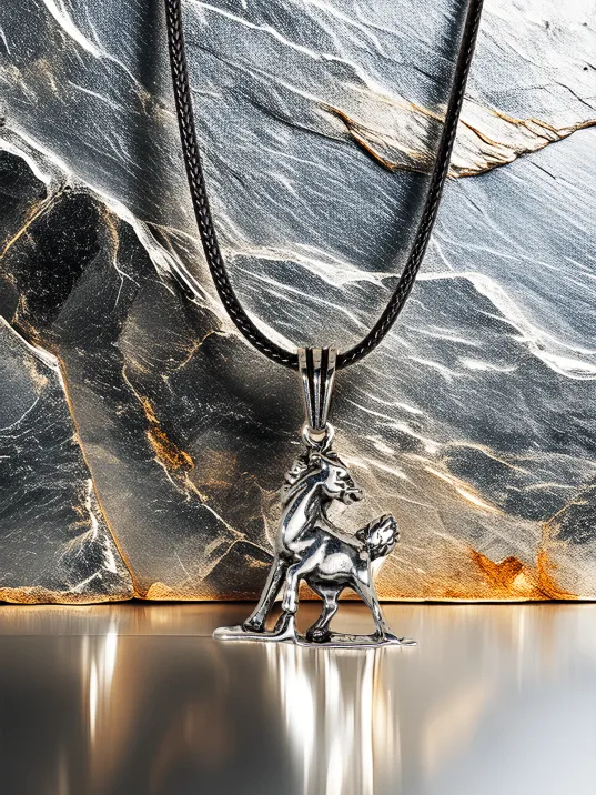 Erkek Gümüş Kolye Ucu - At Figürlü Oksitli Model Deri Kolyeli 925 Ayar Gümüş