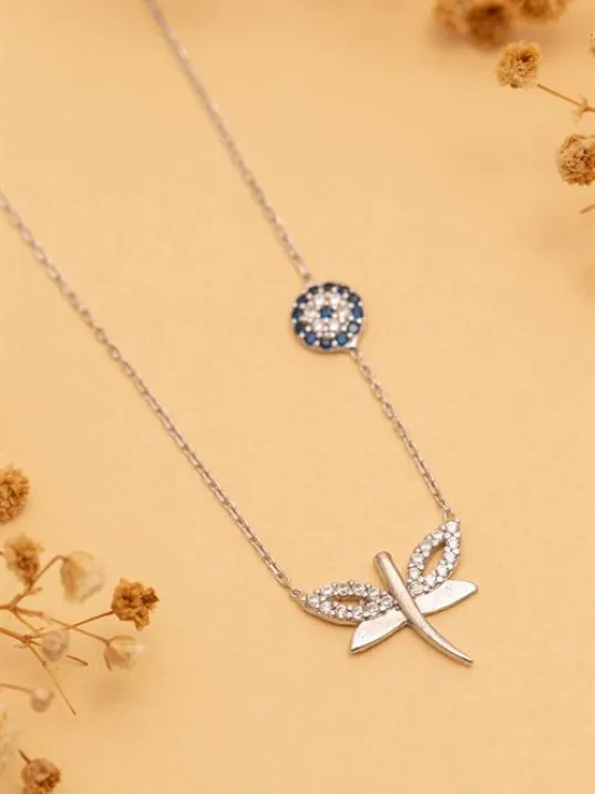 Sevgiliye Hediye Yusufçuk Nazarlıklı Gümüş Bayan Kolyesi