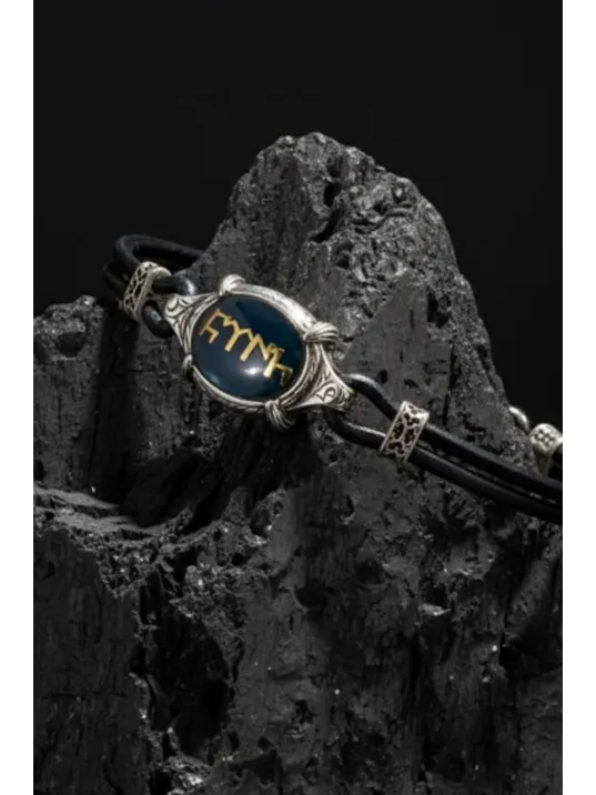 Türk Yazılı Erkek Deri Gümüş Bileklik Lacivert Mavi Mineli Otantik Model